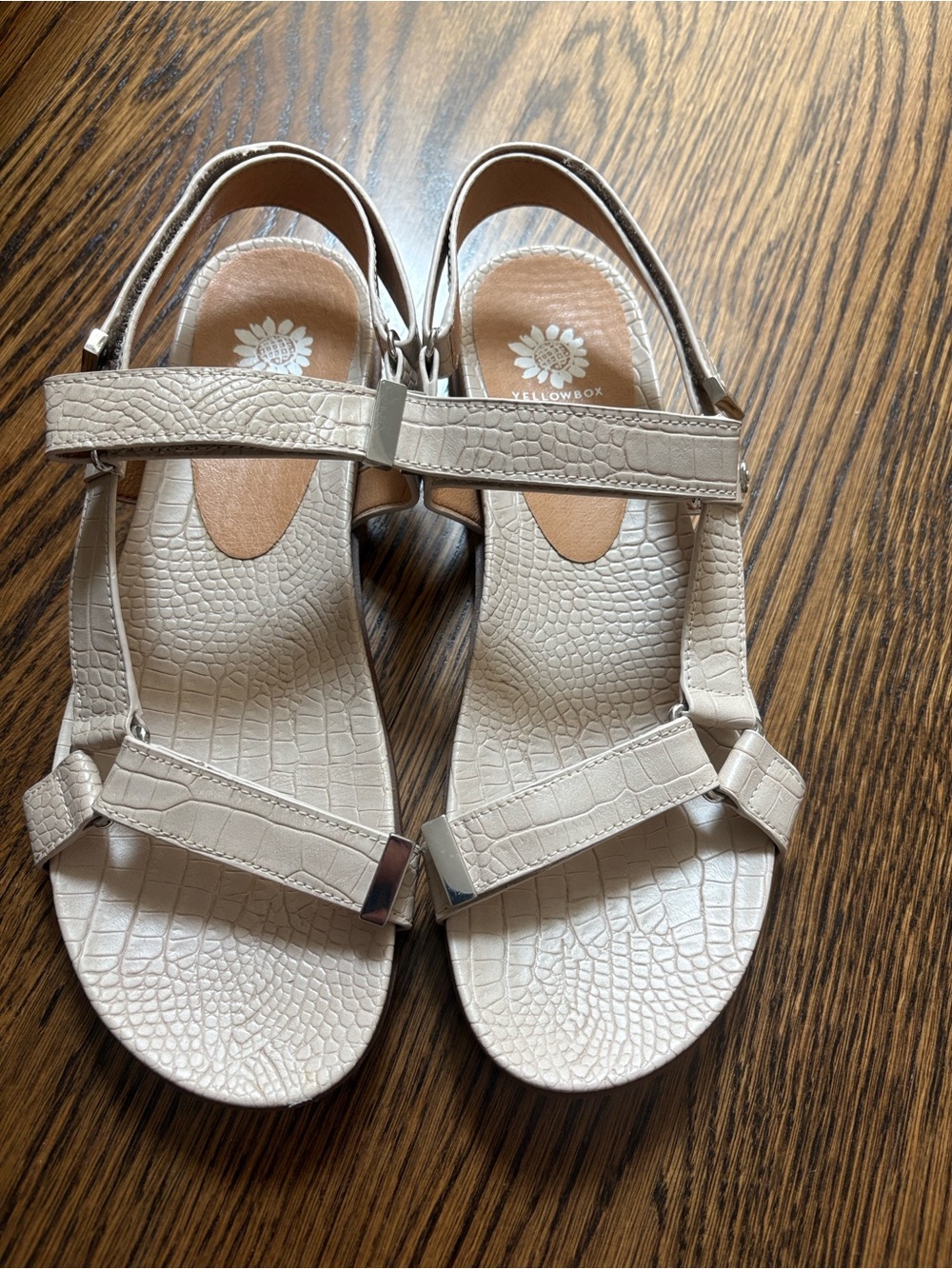 Yellow Box Women's Beige Croc-Embossed Comfort Adjustable Strap Sandals. 8.5 M